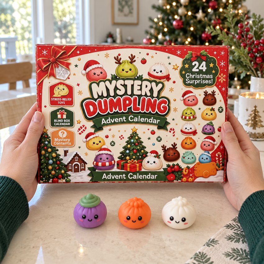 Product illustration of hands holding the advent calendar box with three squishies
