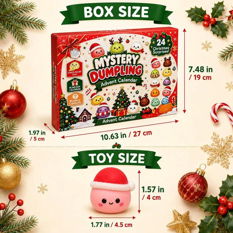 Calendar dimensions: 27 by 19 by 5 centimetres; example squishy approximately 4.5 by 4 centimetres