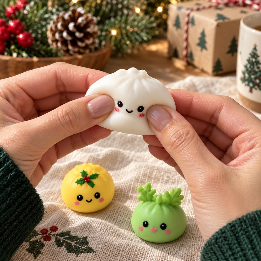 Product illustration of hands squeezing a white dumpling toy beside two colourful squishies